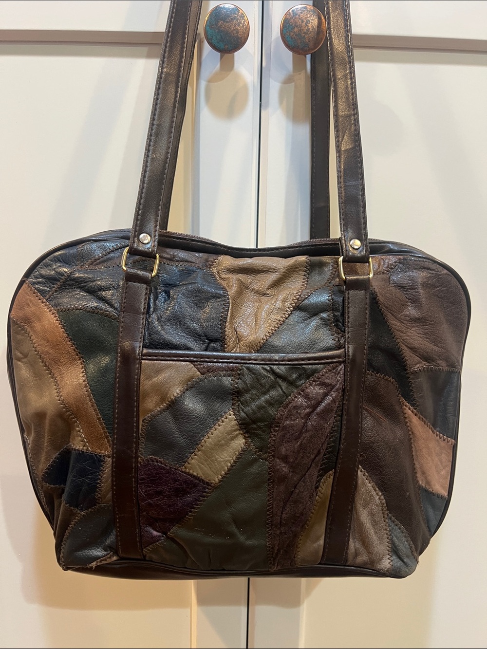 Vintage Leather Patchwork Boho Hobo Bag Purse brown shoulder zipper